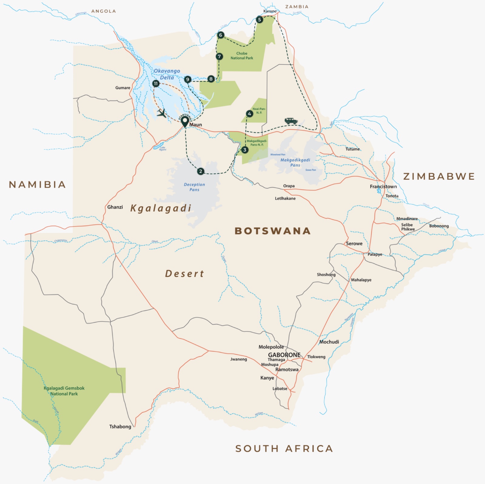 Route map for Ultimate Botswana Luxury