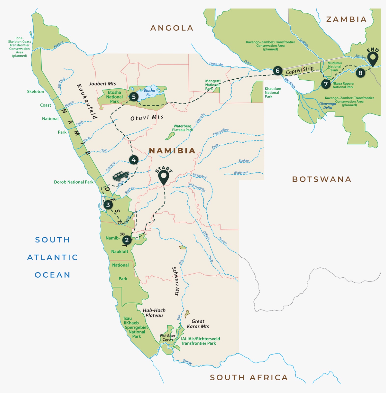 Route map for Ultimate Wilderness Camping Namibia