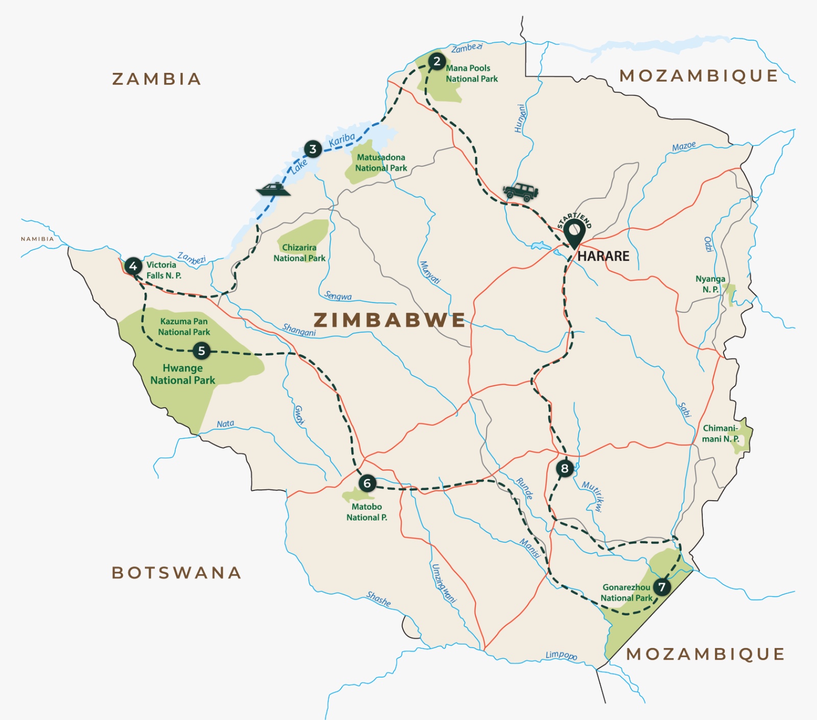 Route map for Full Zimbabwe Circle Luxury